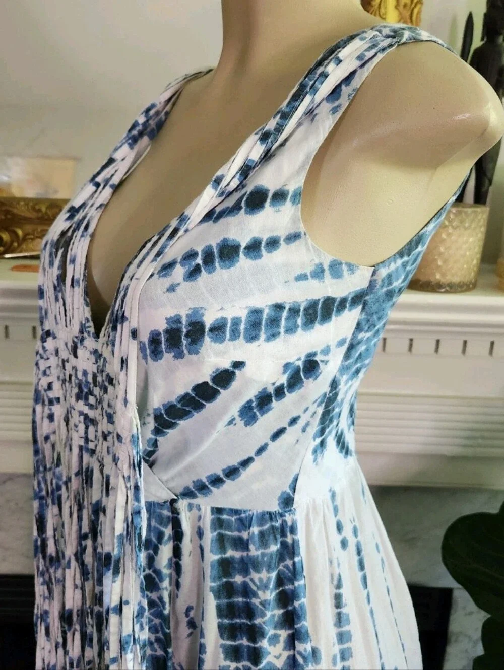 Michael Kors Blue White Tie Dye Tank Dress Maxi Fringe Boho Summer Size XXS